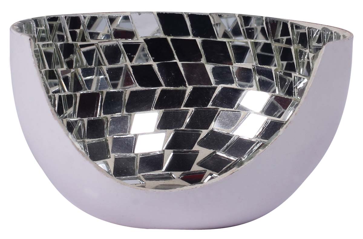 3.5” Half-Bowl Tea-Light Holder in Iron with Mirror-Work - White - Mosaic Art Decor from India - Buy in Bulk Wholesale